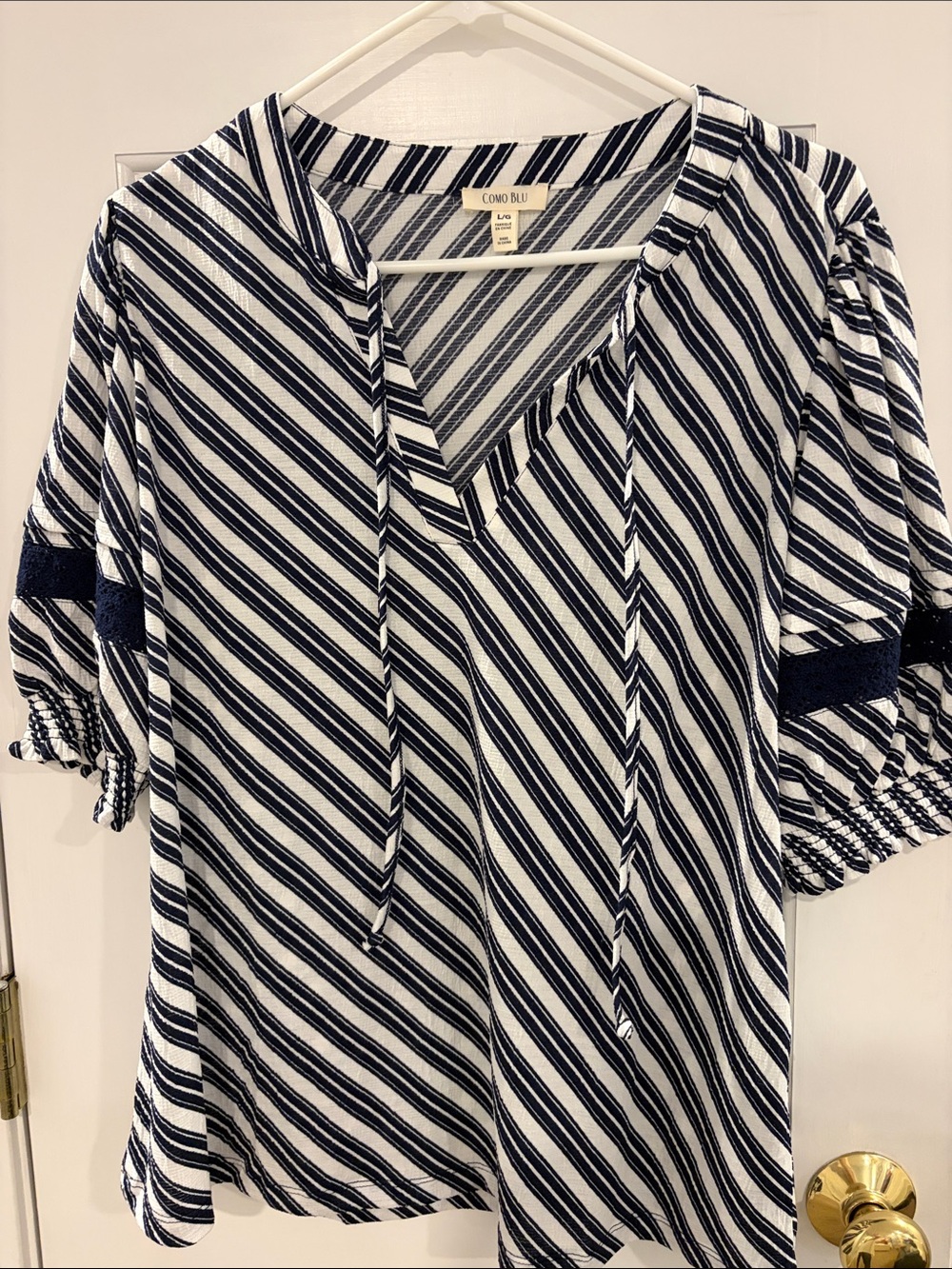 Como Blu Navy & White Striped V-Neck Tie Blouse